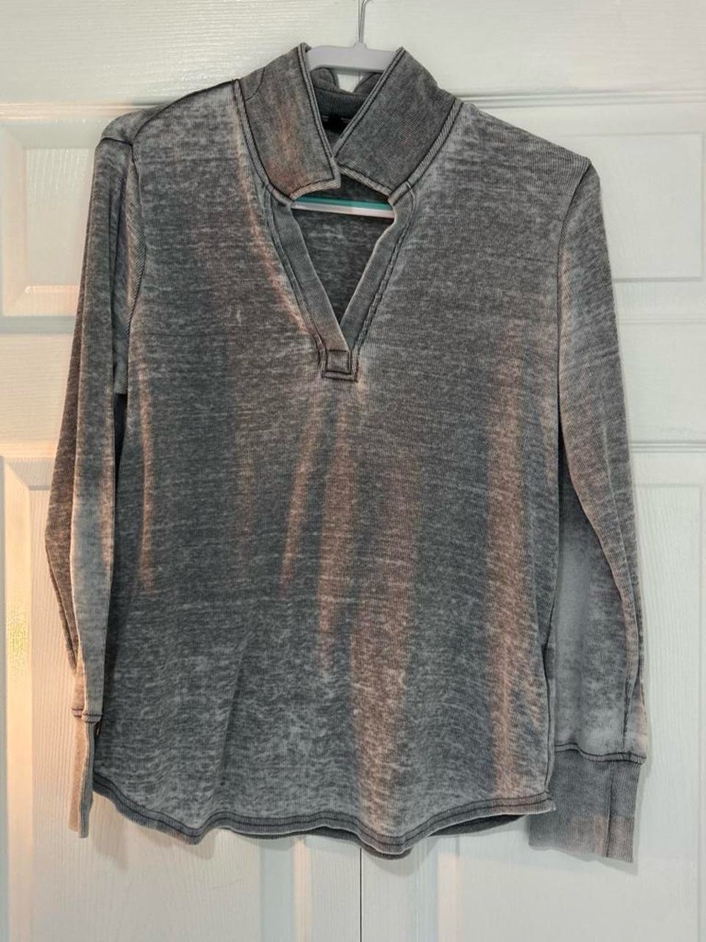 Women's Distressed Gray V-Neck Long Sleeve